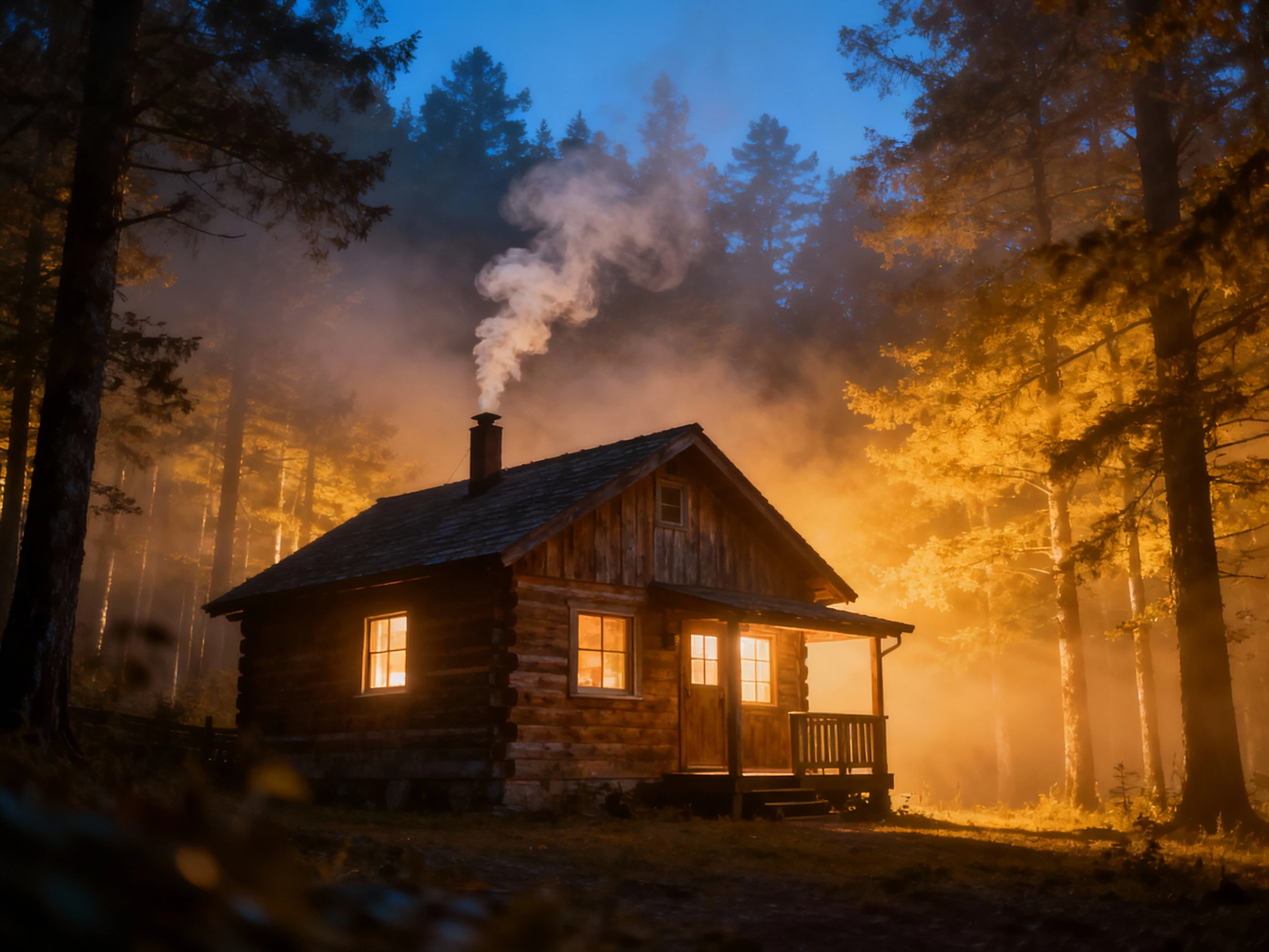 Cozy wooden cabin at dusk in misty forest