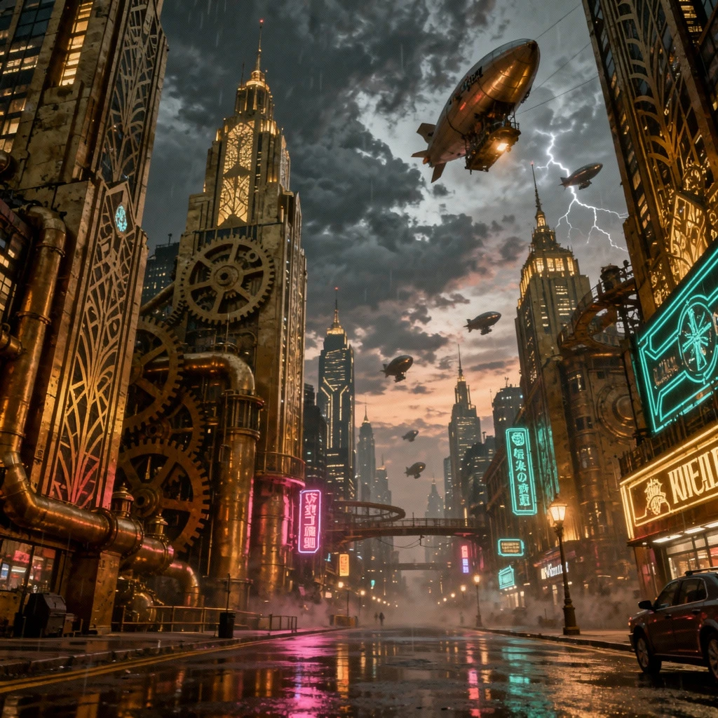 Steampunk Art Deco cityscape generated by Flux 2 showing wild experimentation and unpredictable poetry