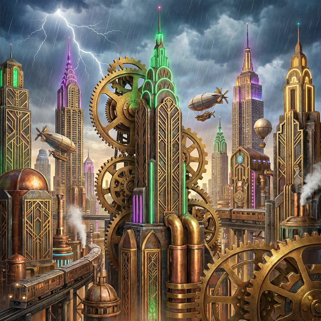 Steampunk Art Deco cityscape generated by Nano Banana Pro showing controlled excellence and brand consistency
