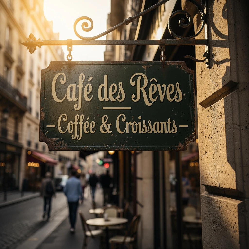 Vintage cafe sign generated by Flux 2 showing lived-in patina and environmental storytelling